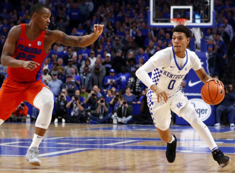 Quade Green #0 of the Kentucky Wildcats drives down the lane during the game against Florida Saturday, January 20, 2018 in Lexington, Ky. Florida defeated Kentucky 66-64. Photo by Carter Gossett | Staff