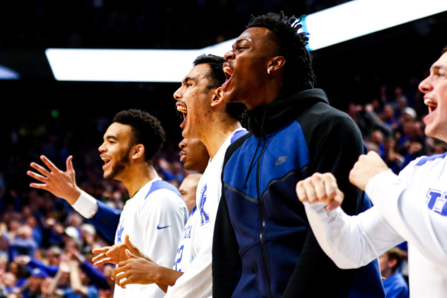 Kentucky+players+on+the+bench+celebrate+after+a+three+pointer+during+the+game+against+Virginia+Tech+on+Saturday%2C+December+16%2C+2017+in+Lexington%2C+Kentucky.+Kentucky+won+93-86.+Photo+by+Arden+Barnes+%7C+Staff