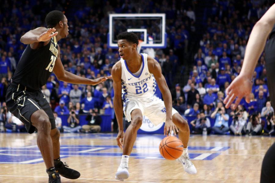 Shai Gilgeous-Alexander #22 of the Kentucky Wildcats looks up as he dribbles during the game against Vanderbilt Tuesday, January 30, 2018 in Lexington, Ky. Kentucky won in overtime 83-81. Photo by Carter Gossett | Staff