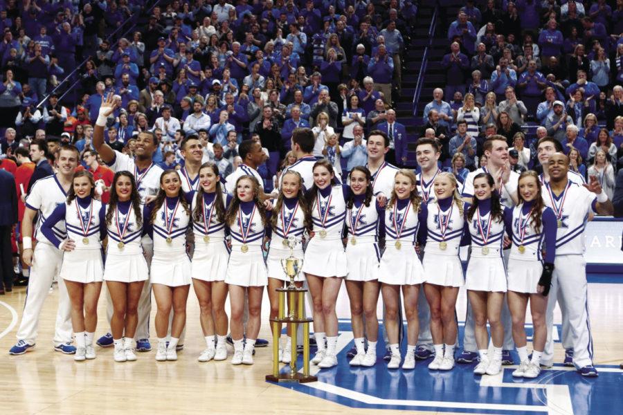 The Kentucky Cheerleading team is recognized for their 23rd National Championship during the game against Florida Saturday, January 20, 2018 in Lexington, Ky. Florida defeated Kentucky 66-64. Photo by Carter Gossett | Staff