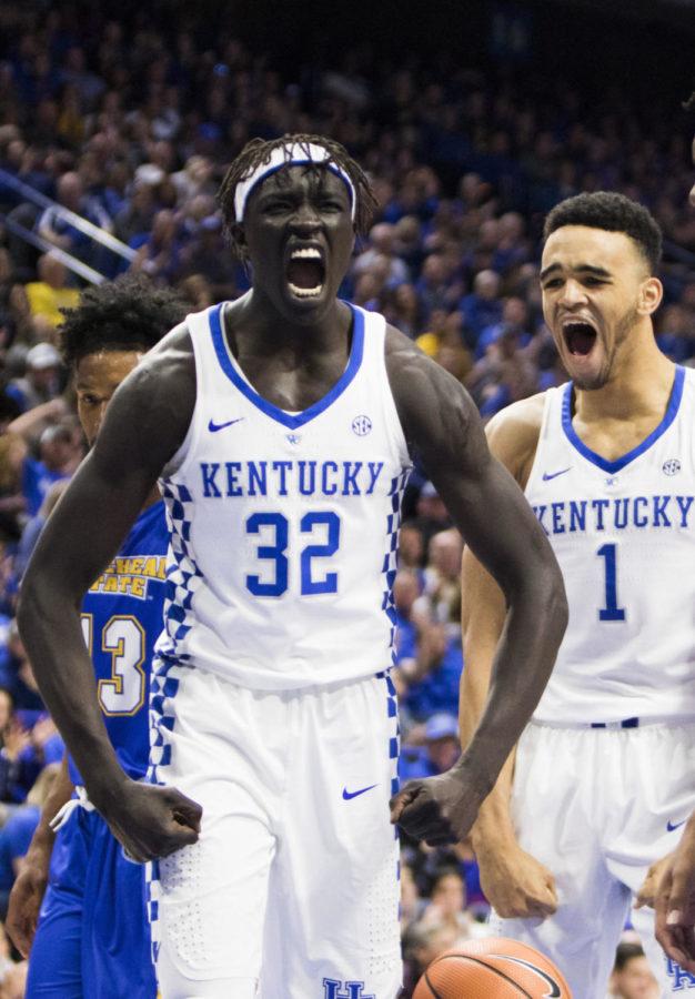Kentucky+sophomore+forward+Wenyen+Gabriel+and+Kentucky+sophomore+forward+Sacha+Killeya-Jones+celebrate+after+a+three+pointer+during+the+Kentucky+Cares+Classic+charity+game+against+Morehead+State+at+Rupp+Arena+on+Monday%2C+October+30%2C+2017+in+Lexington%2C+Ky.+Kentucky+won+92+to+67.+Photo+by+Arden+Barnes+%7C+Staff