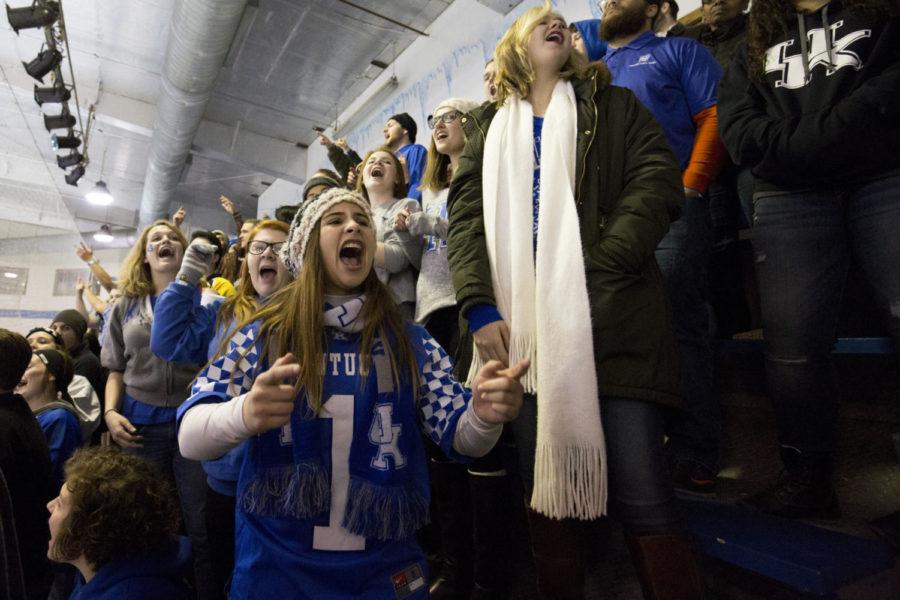 Abbi Woodcock screams at EKU fans after a Kentucky goal during the game against EKU on Saturday, January 20, 2018 in Lexington, Kentucky. The Cats were defeated 6-5. Photo by Rick Childress | Staff