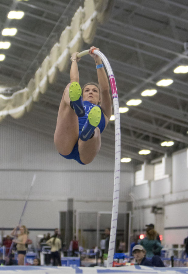 2016 NCAA Champion, Olivia Gruver, attempts to break collegiate records for womens pole vaulting at Nutter Field House in Lexington, Kentucky. on Saturday, January 13, 2018. Photo by Josh Mott | Staff.