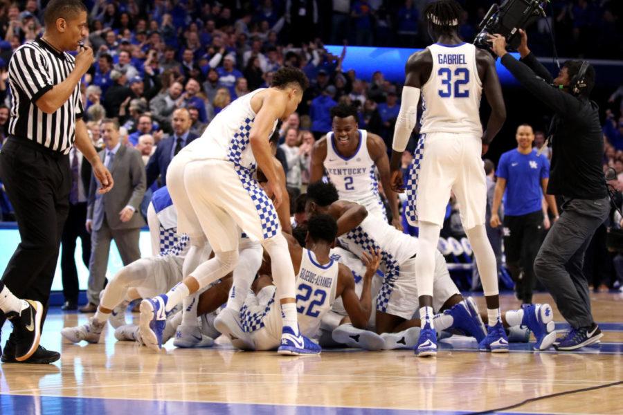 Kentucky celebrates Quade Greens game winning layup during the game against Vanderbilt on Tuesday, January 30, 2018 in Lexington, Ky. Kentucky won in overtime 83-81 | Photo by Chase Phillips | Staff