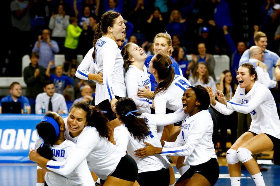 The Kentucky volleyball team celebrates after their victory against WKU during the second round of the NCAA tournament on Saturday, December 2, 2017 in Lexington, Kentucky. UK won 3-2. Photo by Arden Barnes | Staff