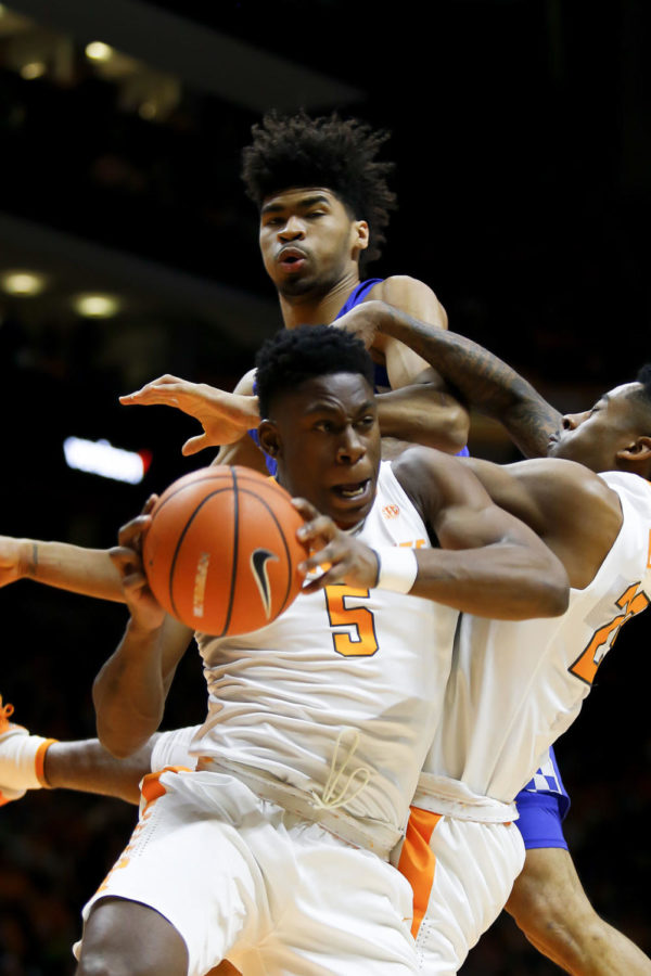 Tennessee Volunteer Forward Admiral Schofield grabs a defensive rebound during the first half of the game against the Tennessee Volunteers at Thompson-Boling Arena on Saturday, January 6, 2017 in Knoxville, TN. Photo by Addison Coffey | Staff.