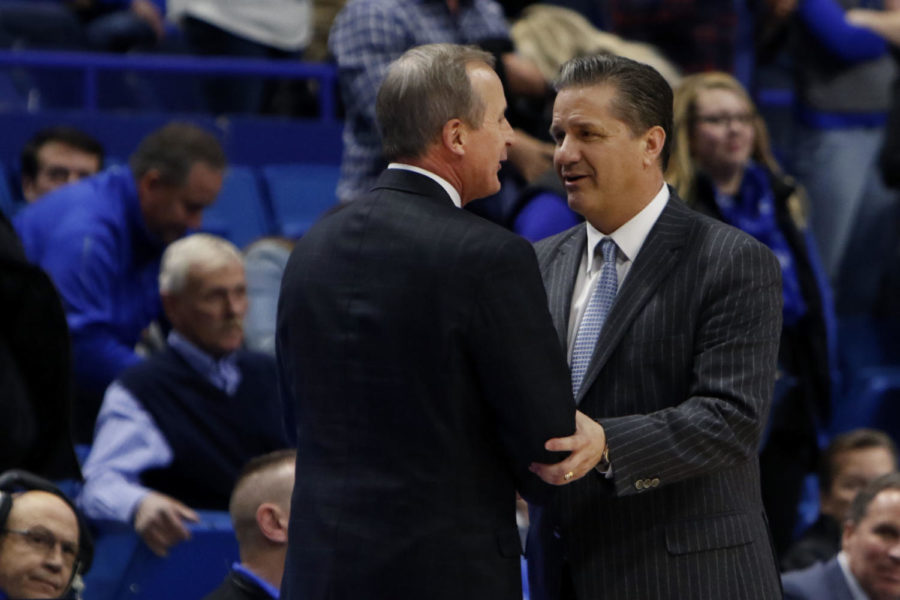Head coach John Calipari shakes hands with Volunteers head coach Rick Barnes after the game against the Tennessee Volunteers on Tuesday, February 14, 2017 in Lexington, Ky. Kentucky defeated Tennessee 83-58.