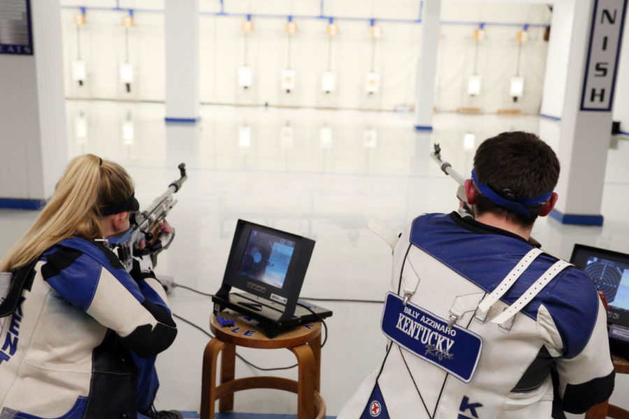 Heather Kirby, Billy Azzinaro of the UK rifle team competes against Akron on Friday, November 4, 2016 at the Buell Armory. Photos by Britney Howard