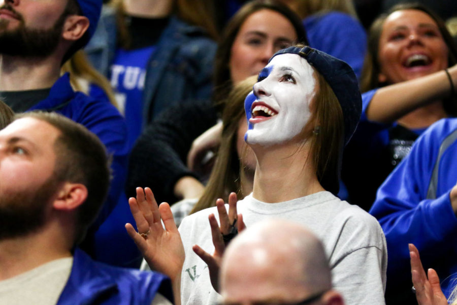 A Kentucky fan looks to the scoreboard after Kentucky pulls ahead during the second half of the game against Texas A&M on Tuesday, January 9, 2018 in Lexington, Kentucky. Kentucky won 74-73. Photo by Arden Barnes | Staff