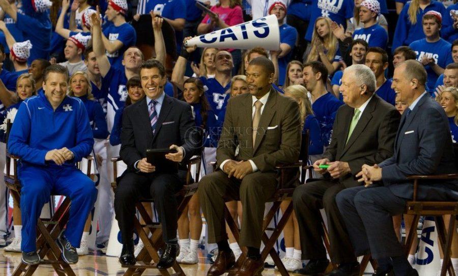 John Calipari and the Gameday crew laughed about a clip of the Cats dodgeball game during ESPN College Gameday in Lexington, Ky., on Saturday, February 23, 2013. Photo by Matt Burns
