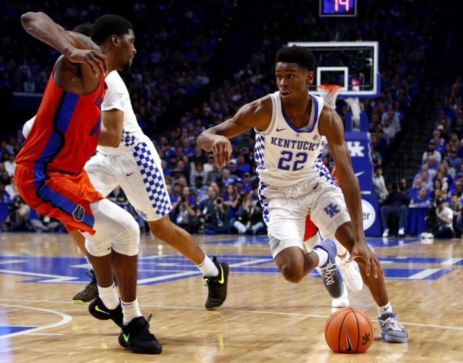 Shai Gilgeous-Alexander #22 of the Kentucky Wildcats drives down the lane during the game against Florida Saturday, January 20, 2018 in Lexington, Ky. Florida defeated Kentucky 66-64. Photo by Carter Gossett | Staff