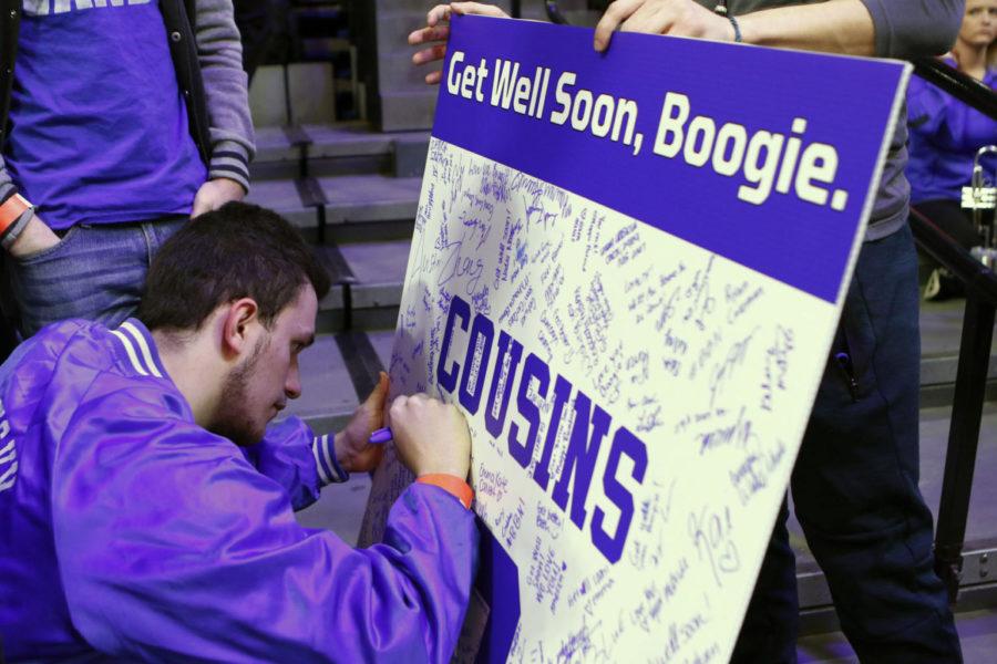 A+fan+signs+a+poster+wishing+Demarcus+Cousins+to+get+well+soon+before+the+game+against+Vanderbilt+Tuesday%2C+January+30%2C+2018+in+Lexington%2C+Ky.+Kentucky+won+in+overtime+83-81.+Photo+by+Carter+Gossett+%7C+Staff