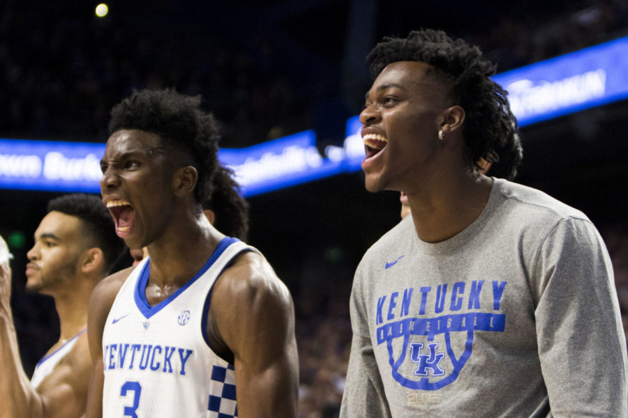Kentucky freshman guard Hamidou Diallo and freshman forward Jarred Vanderbilt cheer from the bench after a three pointer during the Kentucky Cares Classic charity game against Morehead State at Rupp Arena on Monday, October 30, 2017 in Lexington, Ky. Kentucky won 92 to 67. Photo by Arden Barnes | Staff