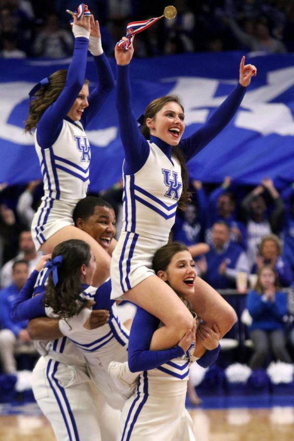 Members+of+the+UK+Cheerleading+team+dance+with+their+Championship+medals+prior+to+the+game+against+Florida+on+Saturday%2C+January+20%2C+2018+in+Lexington%2C+Ky.+Florida+won+the+game+66-64.+Photo+by+Hunter+Mitchell.