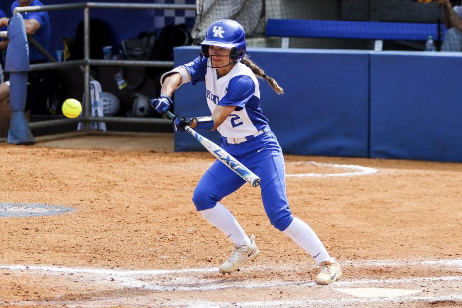Kentucky+Wildcats+outfielder+Bailey+Vick+lays+down+a+bunt+single+during+the+second+inning+of+game+two+of+the+Lexington+Regional+at+John+Cropp+Stadium+on+Friday%2C+May+19%2C+2017+in+Lexington%2C+KY.+Photo+by+Addison+Coffey+%7C+Staff.
