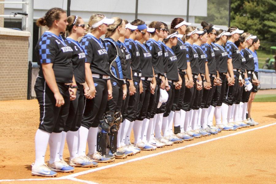 The Kentucky Wildcats softball team takes the line for the National Anthem prior to the game against the Florida Gators at John Cropp Stadium on Saturday, April 15, 2017 in Lexington, KY. 