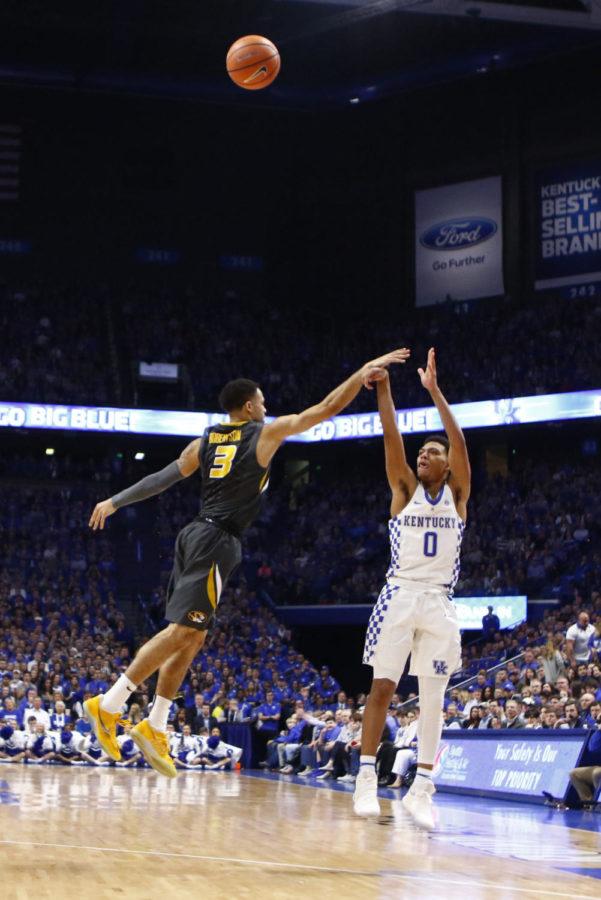 Kentucky freshman guard Quade Green shoots a three during the game against Missouri at Rupp Arena on Saturday, February 24, 2018 in Lexington, Ky. Kentucky won 88-66. Photo by Arden Barnes | Staff