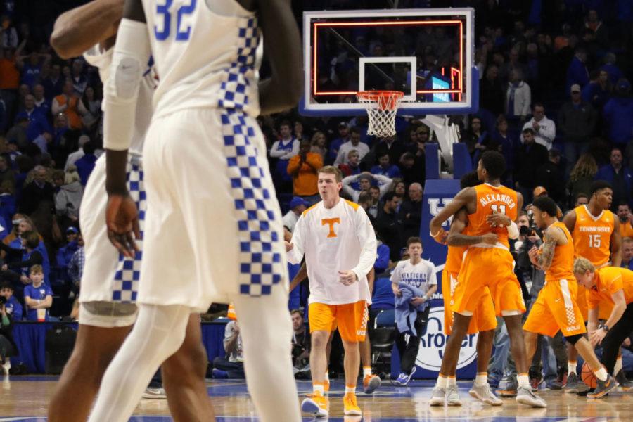 The Tennessee Volunteers celebrate after the game against Tennessee on Tuesday, February 6, 2018 in Lexington, Ky. Tennessee defeated Kentucky 61-59. Photo by Hunter Mitchell.
