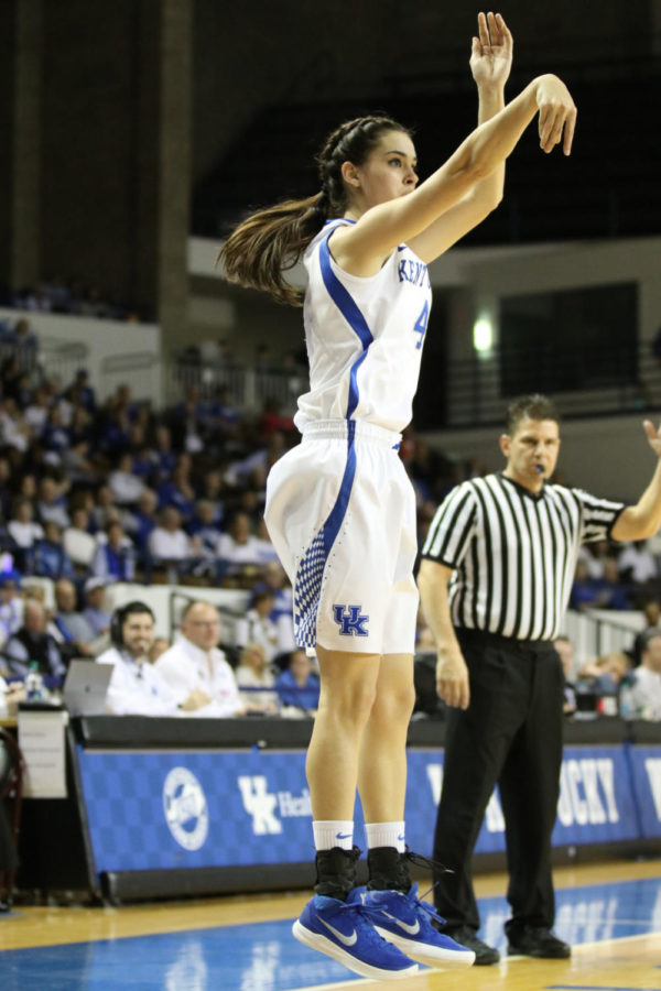 Junior Maci Morris makes a three during the game against Mississippi State on Saturday, February 24, 2018 in Lexington, Ky. Photo by Chase Phillips | Staff