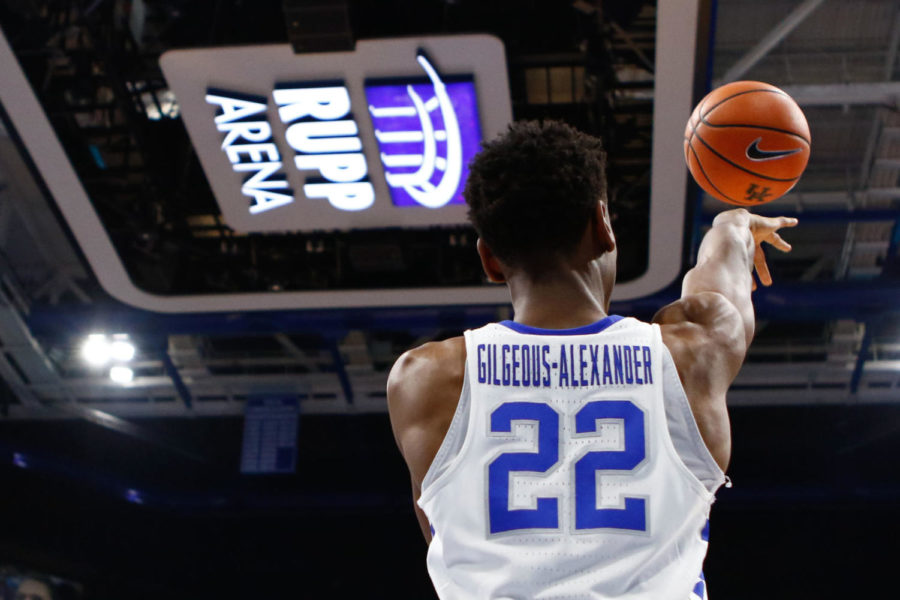 Kentucky freshman guard Shai Gilgeous-Alexander throws the ball inbounds during the game against Missouri at Rupp Arena on Saturday, February 24, 2018 in Lexington, Ky. Kentucky won 88-66. Photo by Arden Barnes | Staff
