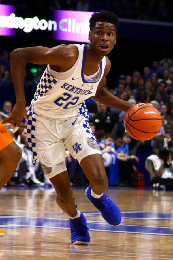 Kentucky freshman guard Shai Gilgeous-Alexander drives towards the basket during the game against Tennessee at Rupp Arena on Tuesday, February 6, 2018 in Lexington, Ky. Kentucky was defeated 61-59. Photo by Arden Barnes | Staff