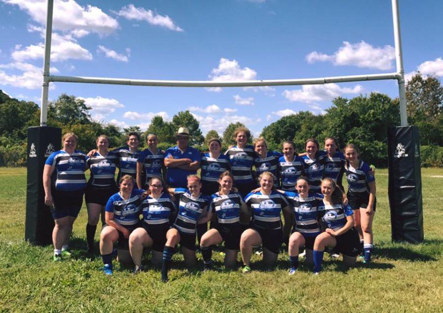 The womens rugby team after winning a home game against Marshall University in September 2017.
