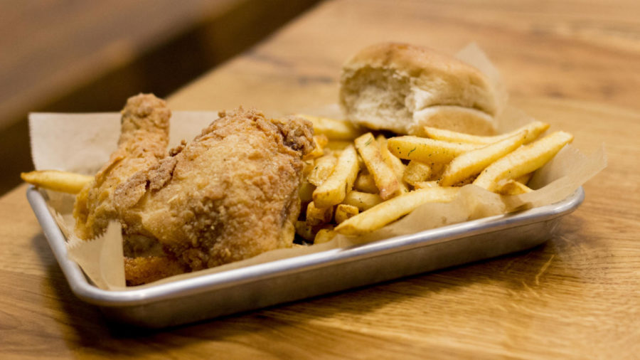 The fried chicken with a side of fries is a signature meal at Pasture by Marksbury Farm at the Summit in Lexington, Kentucky. Photo by Josh Mott | Staff