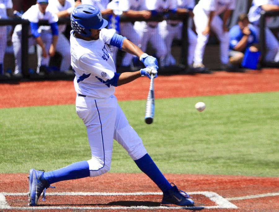 Kentucky Wildcats right fielder Tristan Pompey hits a single during the second game of 2017 NCAA Division I Mens Baseball Super Regional at Jim Patterson Stadium on Saturday, June 10, 2017 in Louisville, KY. Photo by Addison Coffey | Staff.