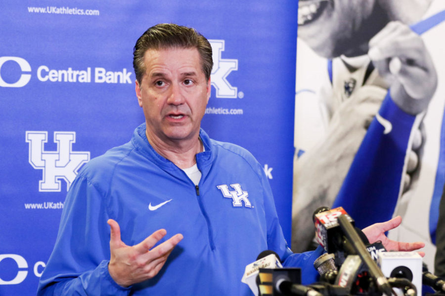 Kentucky+basketball+head+coach+John+Calipari+addresses+the+media+on+Friday%2C+February+23%2C+2018+about+the+upcoming+basketball+game+against+Missouri.+Earlier+in+the+press+conference%2C+UK+Athletics+Director+Dewayne+Peevy+stated+that+UK+Athletics+has+no+new+information+about+the+three+UK+men%E2%80%99s+basketball+players+that+were+named+in+the+federal+college+basketball+probe+led+by+the+FBI+in+late+February.+Photo+by+Arden+Barnes+%7C+Staff