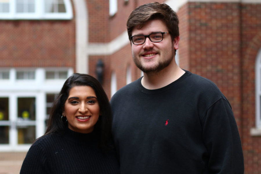 Vice presidential candidate Noor Ali and presidential candidate Michael Hamilton pose behind the Grehan Journalism Building on Friday, Feb. 16. Photo by Rick Childress
