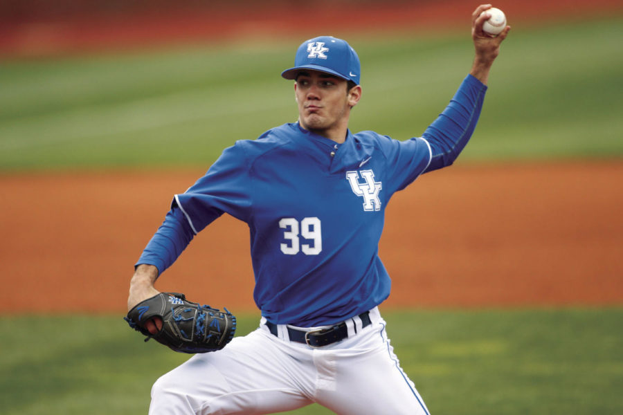 Kentucky Wildcats pitcher Zach Logue delivers a pitch during the game against the Vanderbilt Commodores at Cliff Hagan Stadium on Saturday, April 1, 2017 in Memphis, KY. Photo by Addison Coffey | Staff.