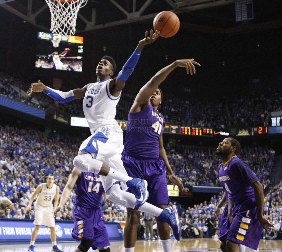 UK forward Nerlens Noels shot is blocked by Lipscomb center Stephen Hurt during the first half of the UK mens basketball vs. Lipscomb University at Rupp Arena in Lexington, Ky., on Saturday, December 15, 2012. Photo by Tessa Lighty
