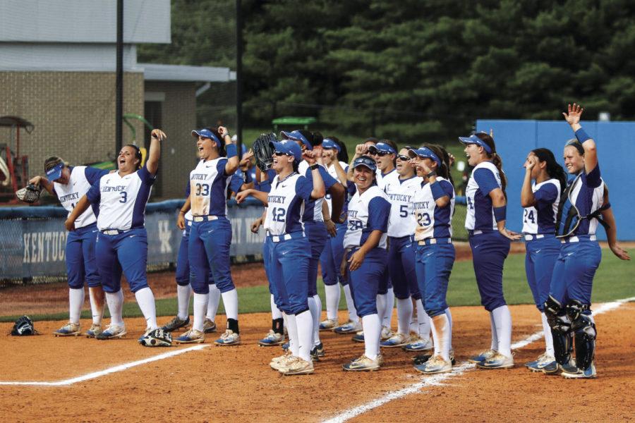 The Kentucky Wildcats softball team celebrates after defeating the Depaul Blue Demons 6-0 in game 2 of the Lexington Regional at John Cropp Stadium on Friday, May 19, 2017 in Lexington, KY. Photo by Addison Coffey | Staff.