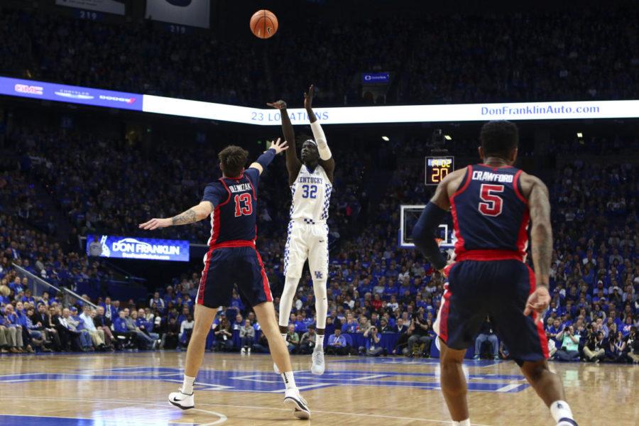 Wenyen Gabriel #32 of the Kentucky Wildcats makes a 3 during the game against Ole Miss Wednesday, February 28, 2018 in Lexington, Ky. Kentucky defeated Ole Miss 96-78. Photo by Carter Gossett | Staff