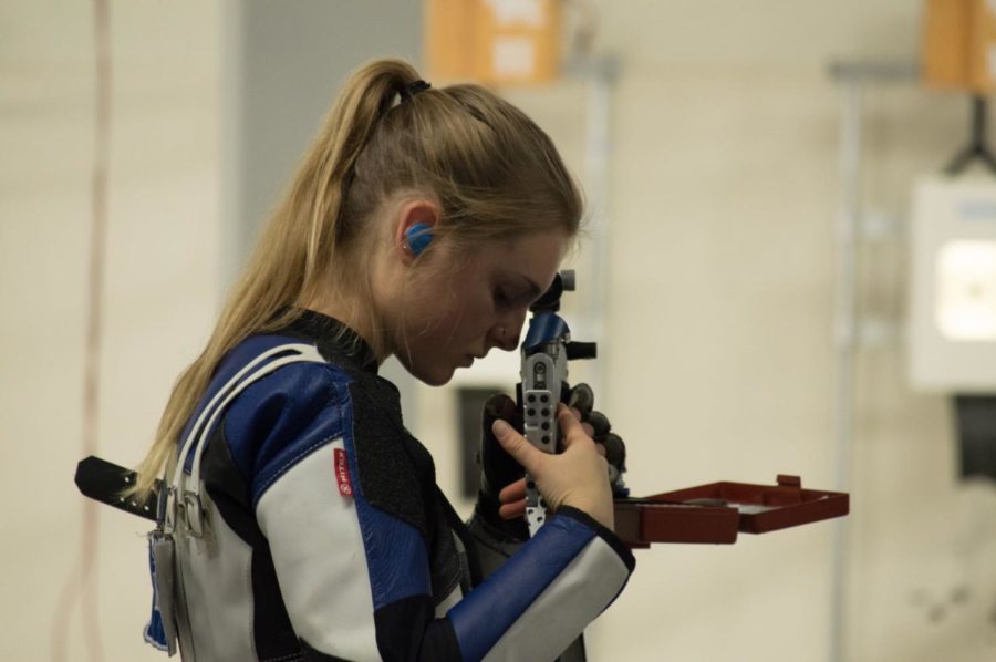 Junior Hanna Carr focuses during UK rifles competition against Morehead State at the Buell Armory and Barker Hall on Feb. 17, 2018 in Lexington, Ky. Photo by Eddie Justice