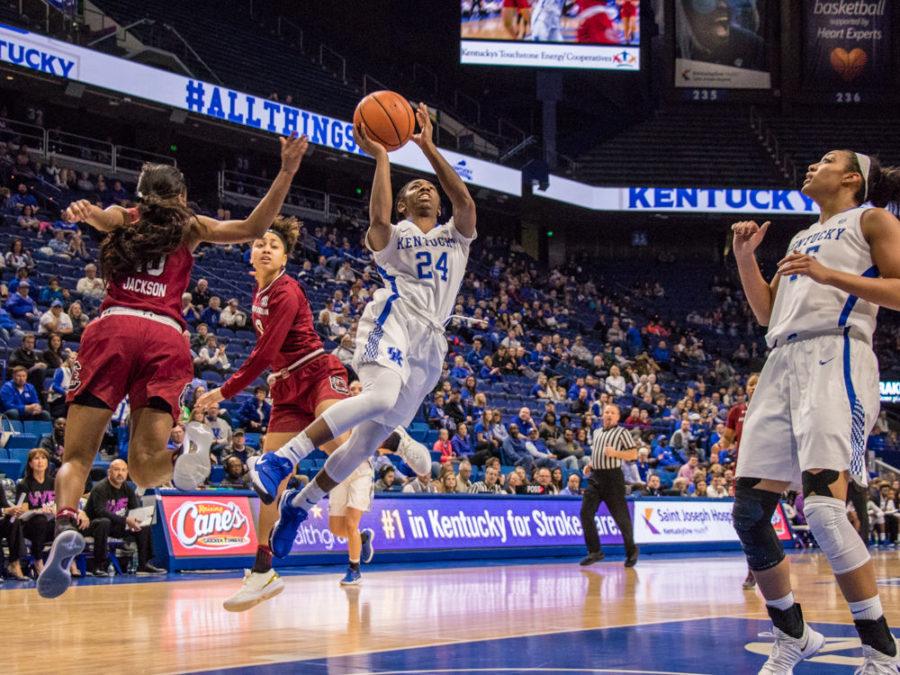 Junior guard Taylor Murray goes in for a score during the game against South Carolina on Sunday, January 21, 2018 in Lexington , Kentucky. South Carolina won the game 81-64. Photo By Genna Melendez | Staff