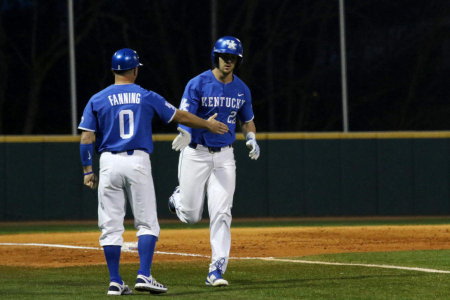 Outfielder+Ryan+Johnson+celebrates+his+homerun+in+the+bottom+of+the+ninth+during+the+game+against+WKU+on+Tuesday%2C+February+27%2C+2018+in+Lexington%2C+Ky.+Kentucky+won+the+game+4-3.+Photo+by+Hunter+Mitchell.