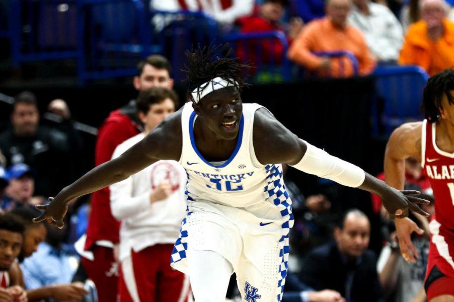 Kentucky+sophomore+forward+Wenyen+Gabriel+celebrates+after+making+a+three+during+the+game+against+Alabama+in+the+SEC+tournament+semifinals+on+Saturday%2C+March+10%2C+2018%2C+in+St.+Louis%2C+Missouri.+Kentucky+defeated+Alabama+86-63.+Photo+by+Arden+Barnes+%7C+Staff
