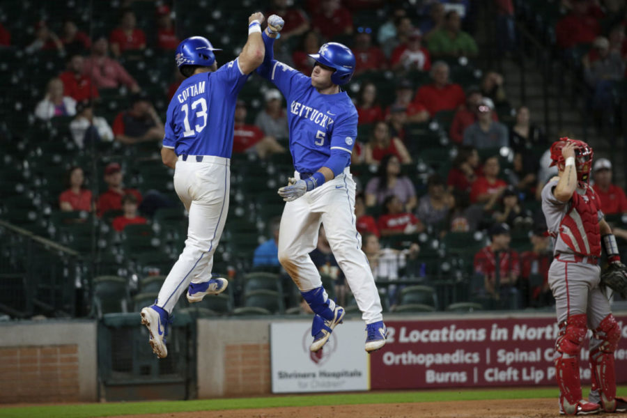 UK baseball players celebrating during the baseball game between The University of Louisiana at Lafayette and The University of Kentucky at Minute Maid Park in Houston, TX on Sunday, March 4, 2018. Photo provided by Tim Warner.