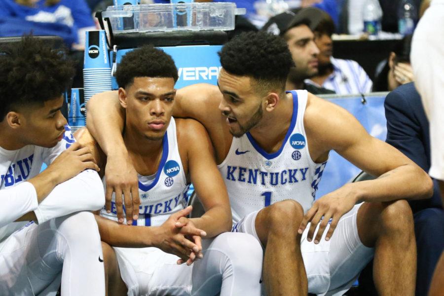 Kentucky sophomore forward Sacha Killeya-Jones comforts freshman guard Quade Green on the bench during the game against Kansas State in the NCAA Sweet 16 on Friday, March 23, 2018, in Atlanta, Georgia. Kentucky was defeated 61-58. Photo by Arden Barnes | Staff