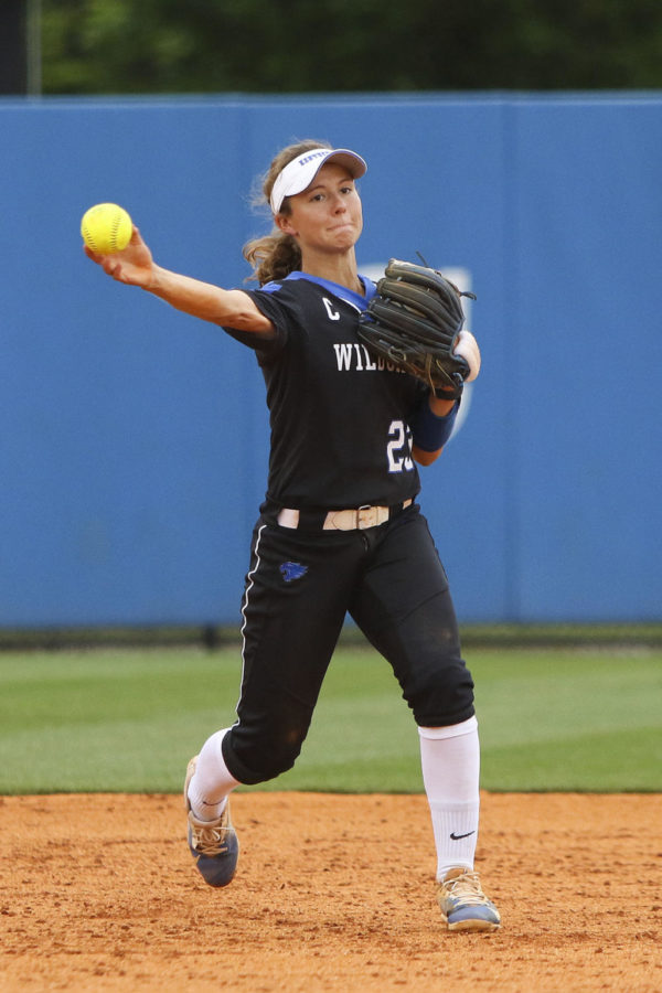 Kentucky Wildcats short stop Katie Reed throws the ball to first base during the sixth inning of the championship game of the Lexington Regional at John Cropp Stadium on Sunday, May 21, 2017 in Lexington, KY. Photo by Addison Coffey | Staff.