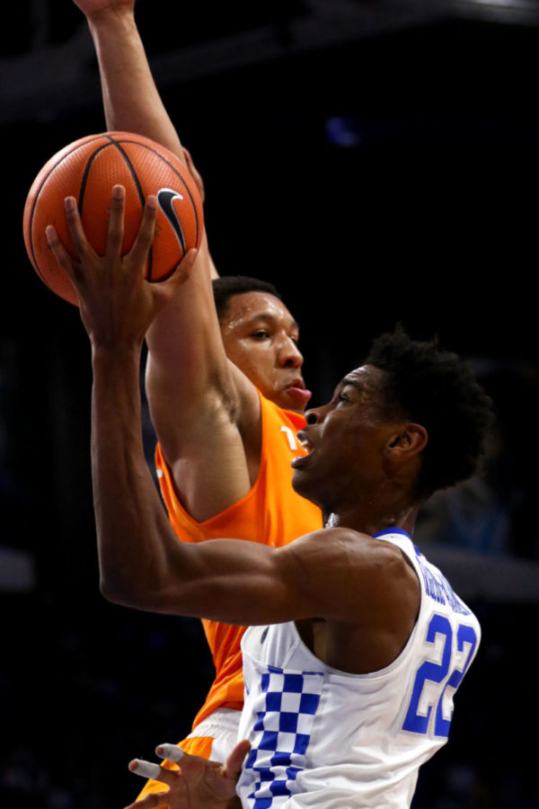 Kentucky freshman guard Shai Gilgeous-Alexander goes in for a layup during the game against Tennessee at Rupp Arena on Tuesday, February 6, 2018 in Lexington, Ky. Kentucky was defeated 61-59. Photo by Arden Barnes | Staff