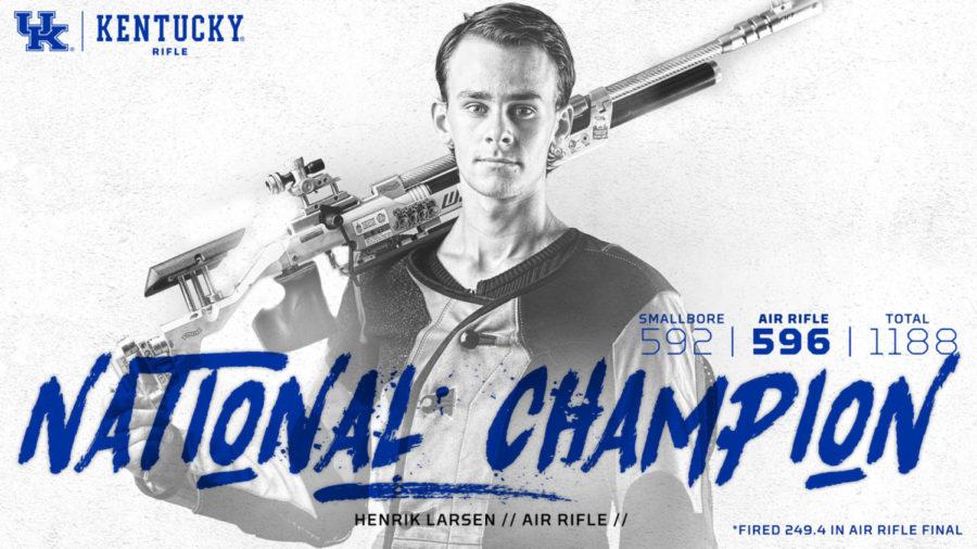 Henrik Larsen became the first UK rifle competitor to win an individual NCAA championship since 2014. Graphic by Erin Harville of UKAthletics Creative Services.