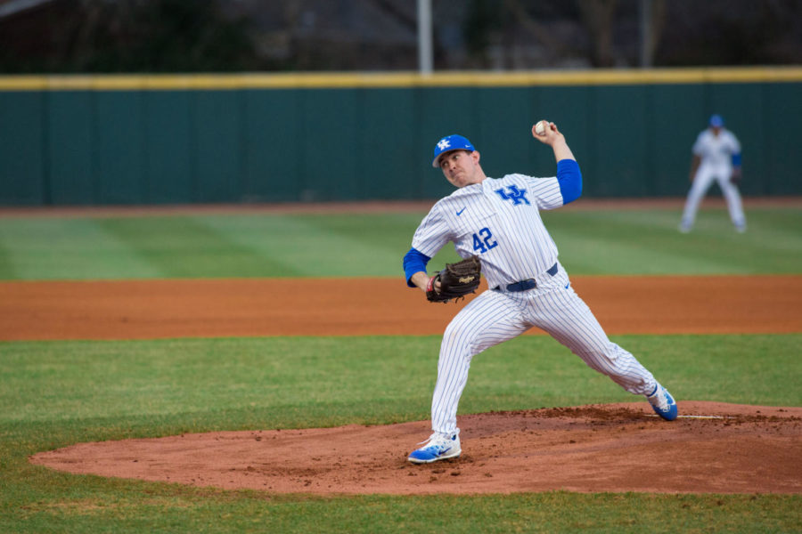 University of Kentucky Pitcher Brad Schaenzer throws from the mound during the 2018 baseball season home opener against Xavier University on Tuesday, February 20, 2018 in Lexington, Ky. Photo by Jordan Prather | Staff