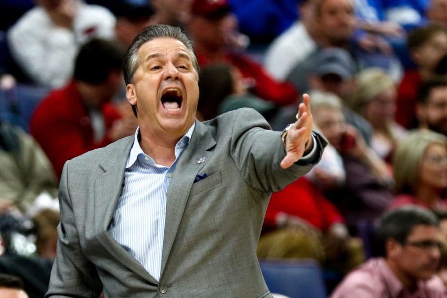 Kentucky head coach John Calipari yells to his team during the game against Alabama in the SEC tournament semifinals on Saturday, March 10, 2018, in St. Louis, Missouri. Kentucky defeated Alabama 86-63. Photo by Arden Barnes | Staff
