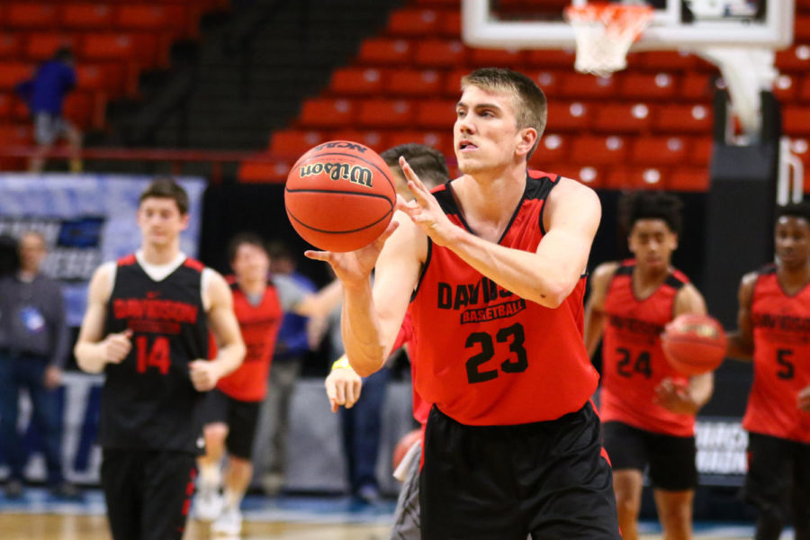 Davidson senior forward Peyton Aldridge shoots a basket during Davidsons open practice on Wednesday, March 14, 2018, in Boise, Idaho. Davidson will play Kentucky in the first round of the NCAA tournament on March 15. Photo by Arden Barnes | Staff