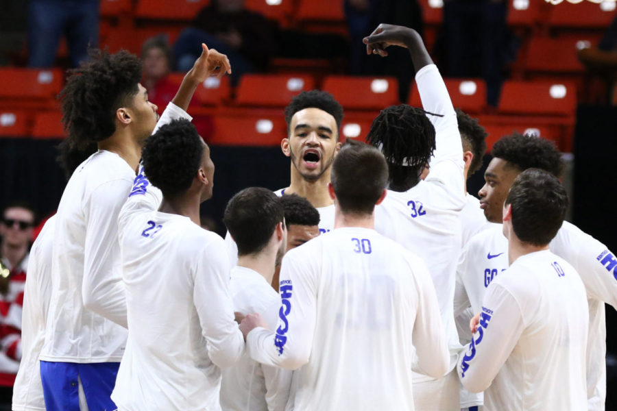 The Kentucky mens basketball team huddles before the game against Davidson College in the first round of the NCAA tournament on Thursday, March 15, 2018, in Boise, Idaho. Kentucky defeated Davidson 78-73. Photo by Arden Barnes | Staff