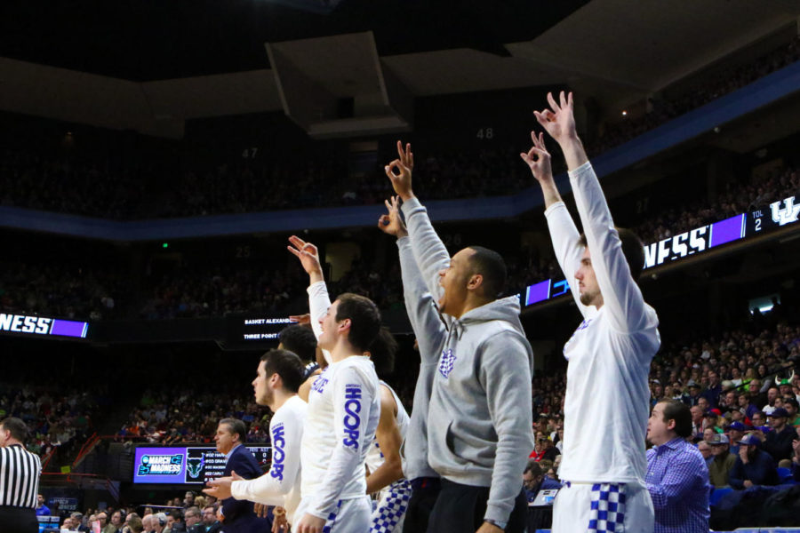 Kentuckys bench celebrates after a three during the game against Buffalo in the second round of the NCAA tournament on Saturday, March 17, 2018, in Boise, Idaho. Kentucky defeated Buffalo 95-75. Photo by Arden Barnes | Staff