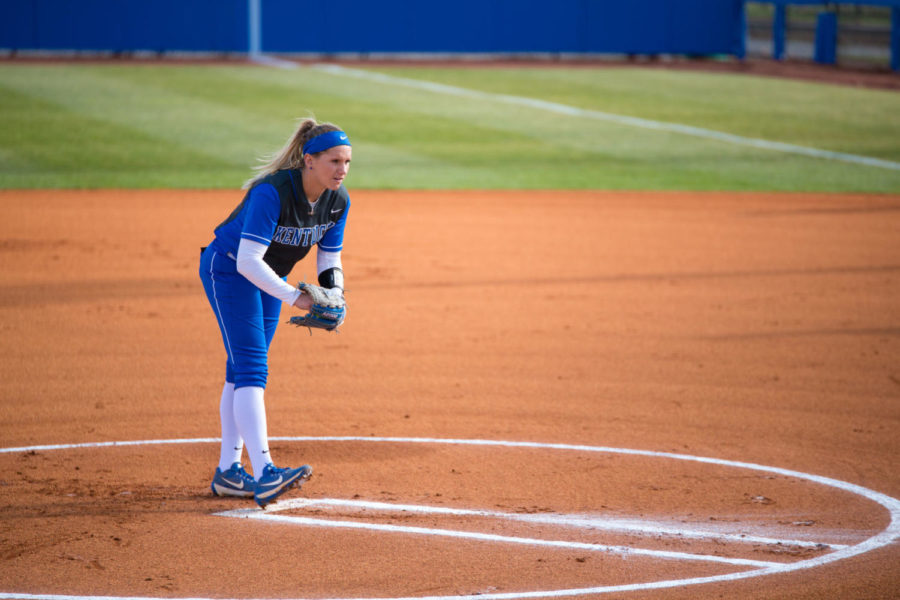 University of Kentucky sophomore Autumn Humes prepares to pitch during the home opener against the University of Dayton on Thursday, March 1, 2018 in Lexington, Ky. Photo by Jordan Prather | Staff