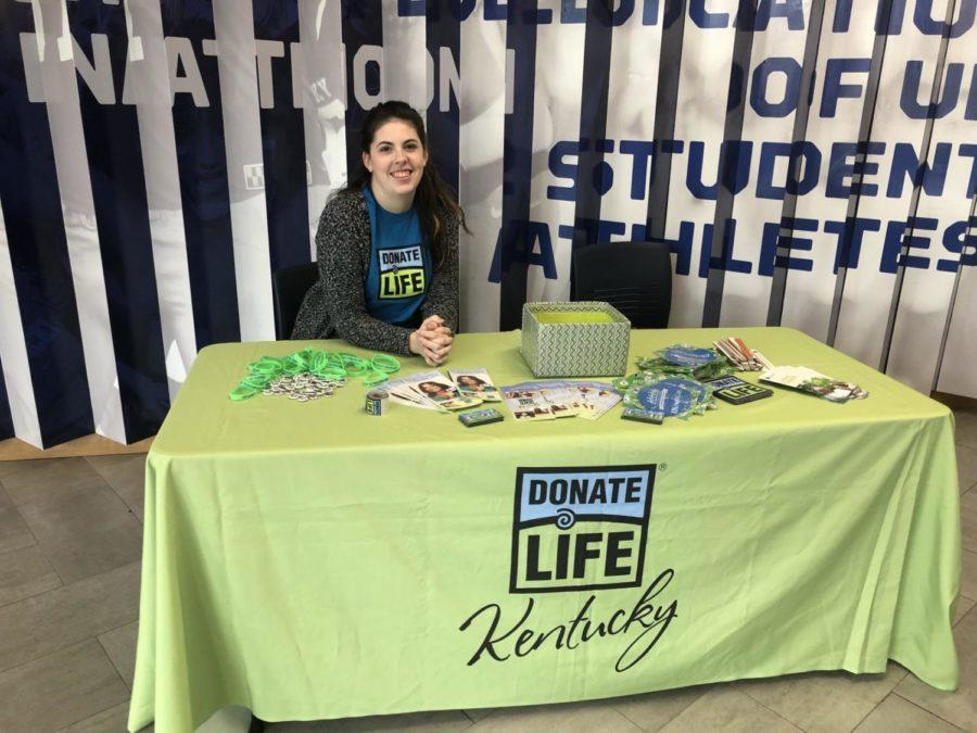 Junior clinical leadership junior, Kappa Gamma Beta vice president and UK Hospitals intern, Emily Muller tables inside the Don and Cathy Jacobs Science Building on Wednesday, March 7, 2018. Photo by Jelyn Washington-Mays
